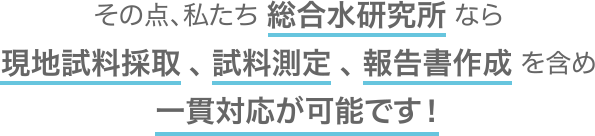 その点、私たち総合水研究所なら現地試料採取、試料測定、報告書作成を含め一貫対応が可能です！